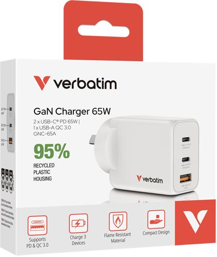 Verbatim 65W GaN Charger with 2x USB-C and 1x USB-A