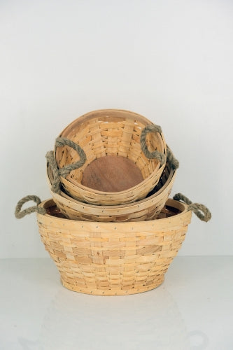 Set of 3 Wood Strip Round Baskets