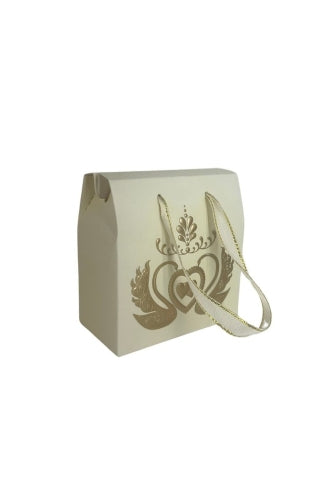 Ivory tall CAKE-BOX with ribbon handles embossed heart (Set of 12)