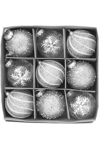 Assorted Glitter Christmas Baubles - Silver Solid (9 pcs)