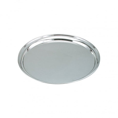 Round 35cm Chef Inox tray in polished stainless steel with rolled edges, perfect for serving appetizers and drinks elegantly.