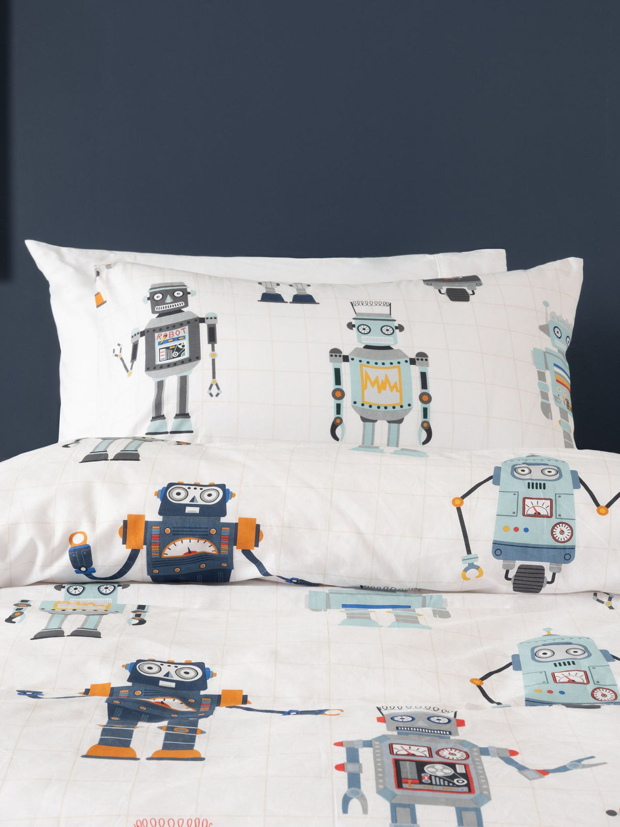 Retro Robot Duvet Cover Set featuring playful robots on a taupe grid, made from 100% cotton for comfort and durability.