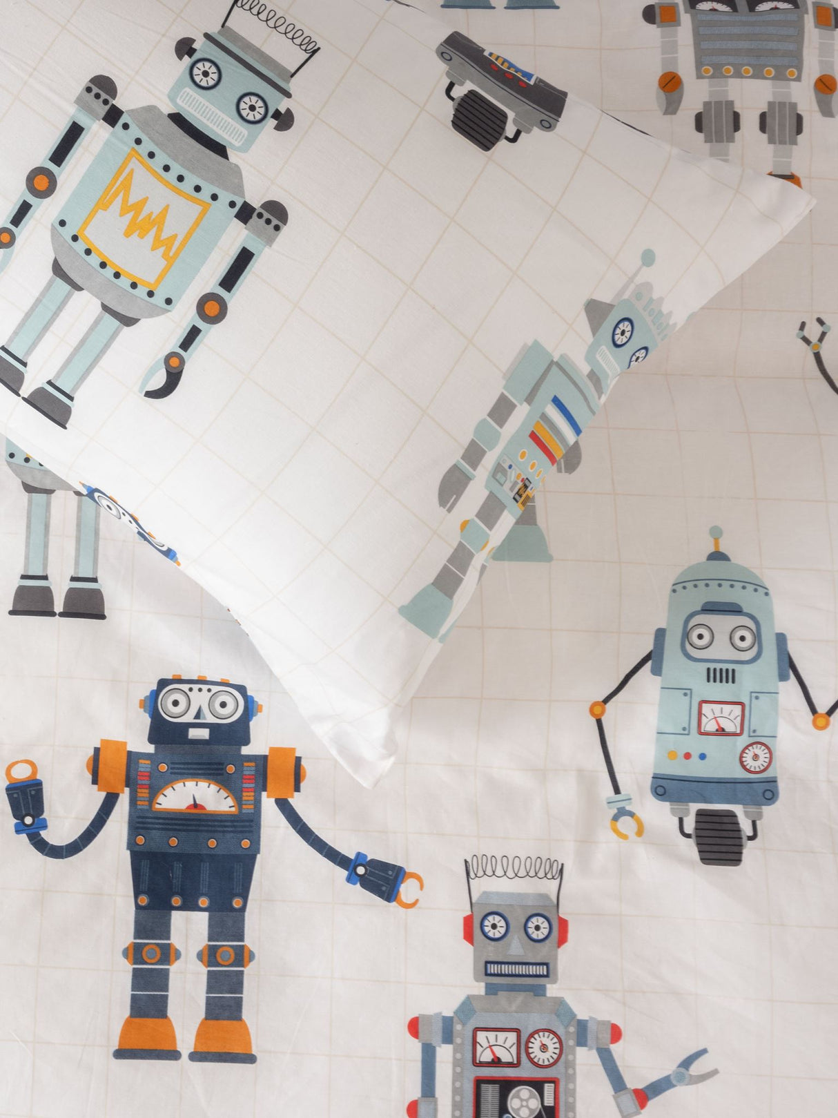 Retro Robot Duvet Cover Set featuring playful robots on a taupe grid, made from soft 100% cotton for ultimate comfort.