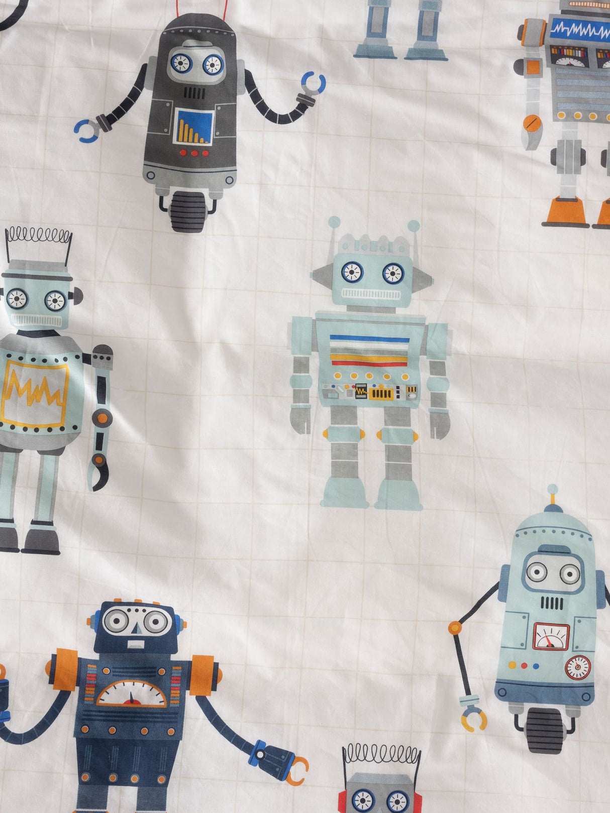 Vibrant Retro Robot duvet cover set in soft cotton, featuring playful robots on a taupe grid for cozy children's bedrooms.