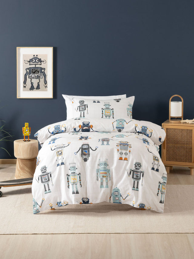 Vibrant Retro Robot duvet cover set featuring playful robots on a taupe grid, made from soft 100% cotton for kids' beds.