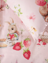 Double duvet cover set featuring bunnies and strawberries on a blush pink background, crafted from 100% premium cotton.