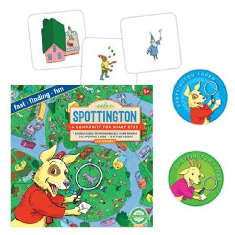 Colorful board game featuring Spottington village, with cards and tokens for fast-paced search and find gameplay.