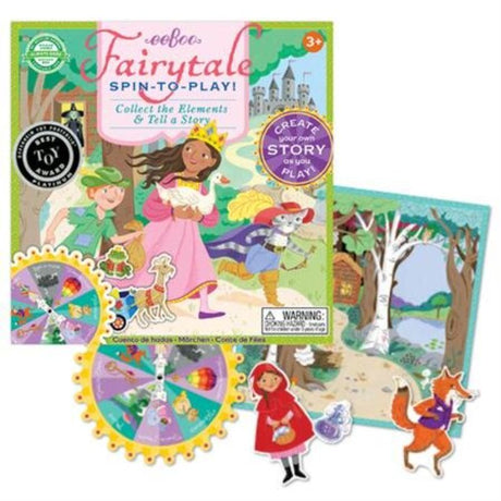 Children playing the eeBoo Fairytale Spinner Game, spinning to create unique fairy tales with vibrant illustrated elements.