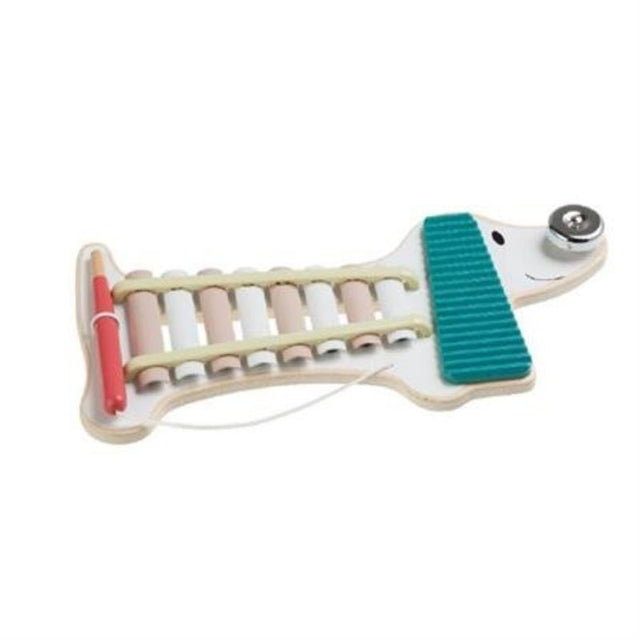 Colorful dog-shaped xylophone with wooden keys, ratchet, and bell, promoting music and motor skills for young children.