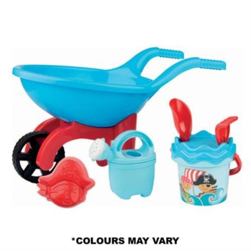 Colorful pirate-themed sand set with wheelbarrow, watering can, bucket, rake, shovel, and mold for imaginative outdoor play.