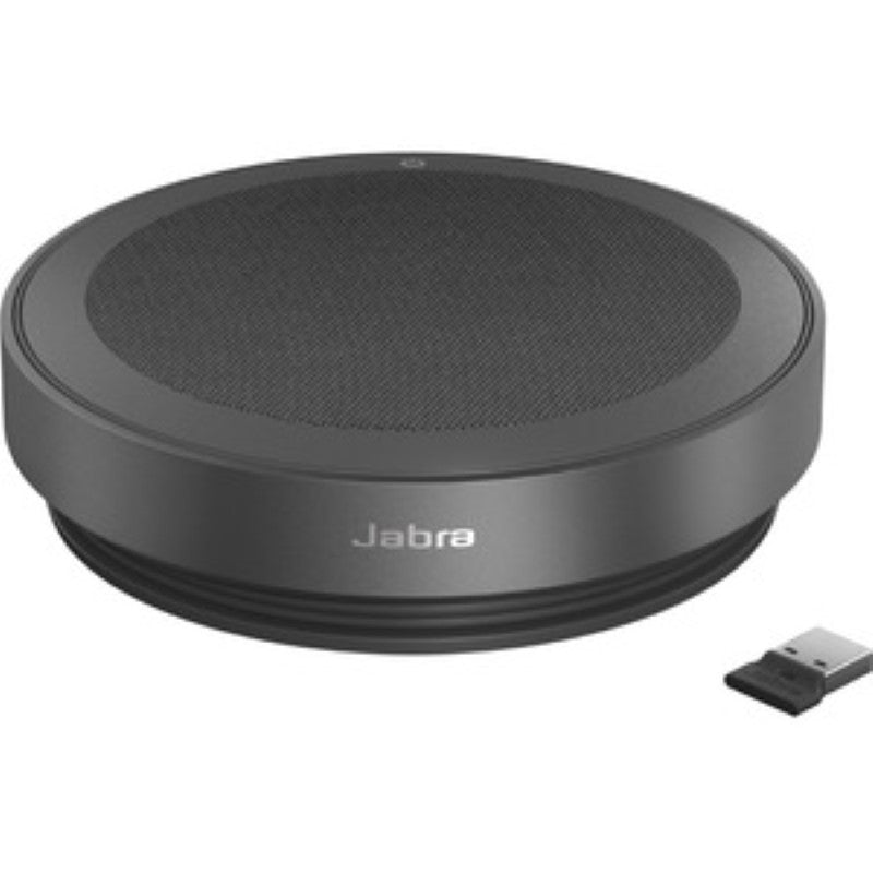 Jabra Speak2 75 speakerphone in Dark Grey with noise-cancelling mics, USB charging, and Microsoft Teams certification.