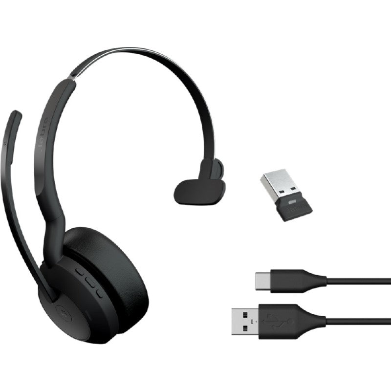 Jabra EVOLVE2 55 UC MONO headset, featuring noise cancellation, on-ear design, and Bluetooth connectivity for hybrid work.