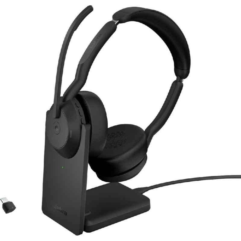 Jabra EVOLVE2 55 UC Stereo Headset, featuring noise-canceling, Bluetooth 5.2, and ergonomic design for hybrid work environments.