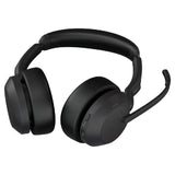 Jabra EVOLVE2 55 headset with noise-canceling, Bluetooth 5.2, and dual connectivity for clear conference calls.