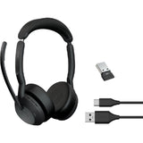 Jabra EVOLVE2 55 UC Stereo headset with noise cancellation, ideal for hybrid work, featuring Bluetooth and USB-A connectivity.