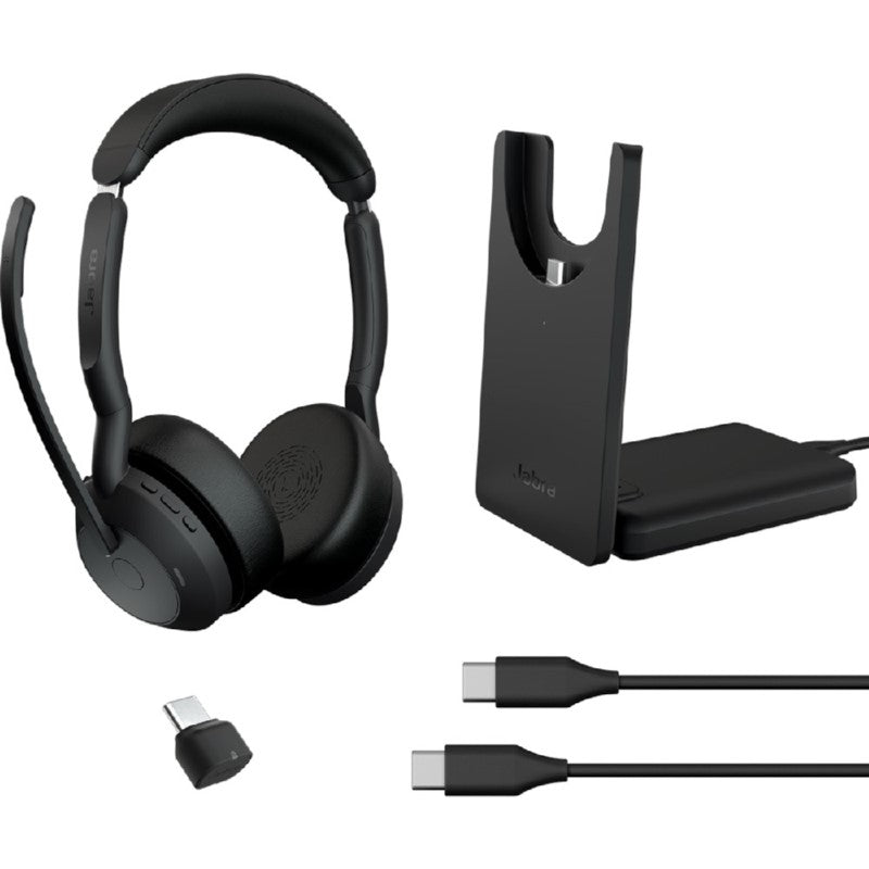 Jabra EVOLVE2 55 MS/USB-C Stereo Headset in black with noise cancellation, dual connectivity, and ergonomic design for office use.