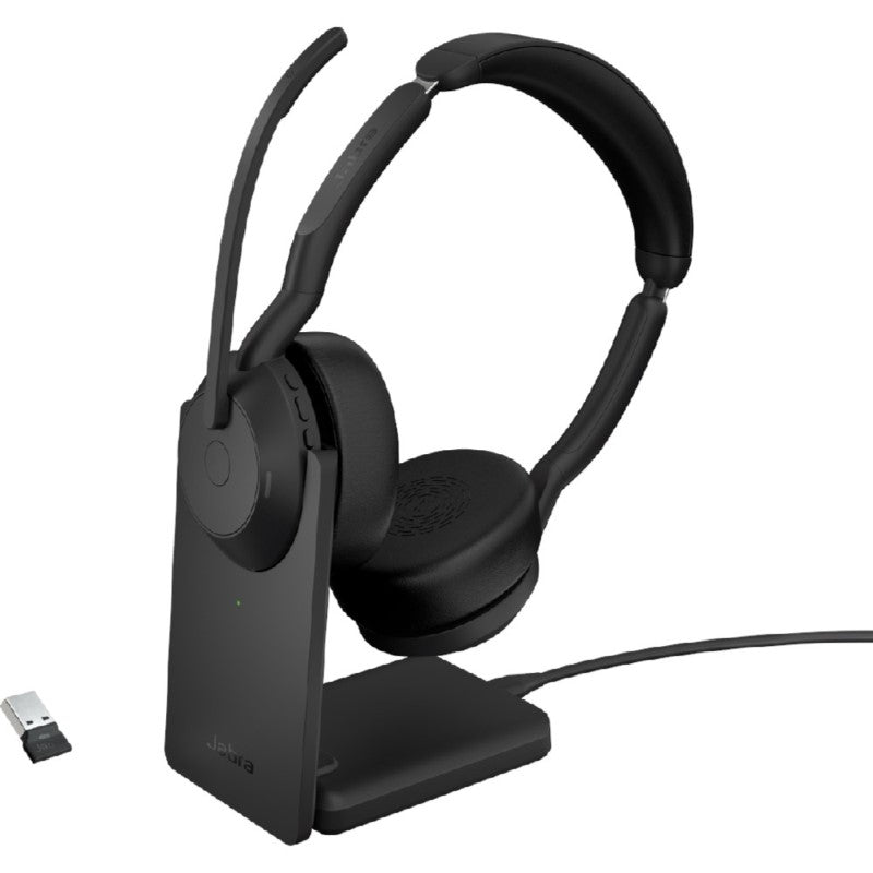 Black Jabra EVOLVE2 55 stereo headset with noise cancellation, designed for comfort and productivity in hybrid work environments.