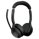 Black Jabra EVOLVE2 55 stereo headset with noise-canceling, Bluetooth 5.2, and all-day comfort features for hybrid work.