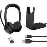 Jabra EVOLVE2 55 headset in black, featuring noise-canceling, dual connectivity, and all-day comfort for hybrid work.