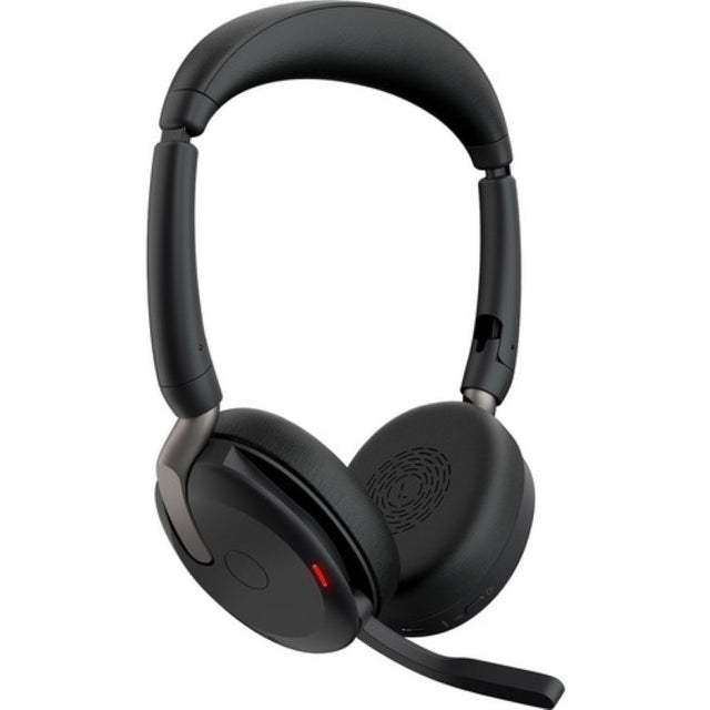 Jabra EVOLVE2 65 FLEX UC Stereo Wireless Headset in black, featuring foldable design, ANC, and ClearVoice mic for clarity.