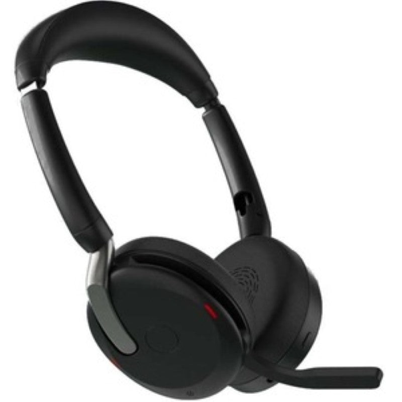 Jabra EVOLVE2 65 FLEX headset in black, featuring ANC, dual connectivity, and foldable design for professionals on the go.