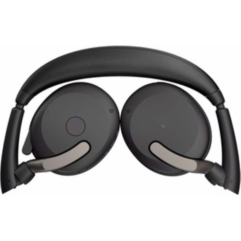 Wireless Jabra EVOLVE2 65 FLEX headset in black with foldable design, ANC, and dual connectivity for professional audio clarity.