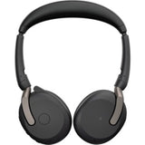 Wireless Jabra EVOLVE2 65 FLEX headset in black, featuring foldable design, ANC, dual connectivity, and exceptional comfort.