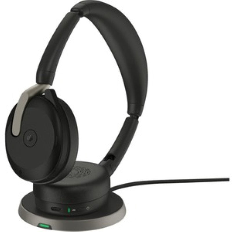 Jabra EVOLVE2 65 FLEX wireless headset in black, featuring ANC, foldable design, and dual connectivity for professionals.