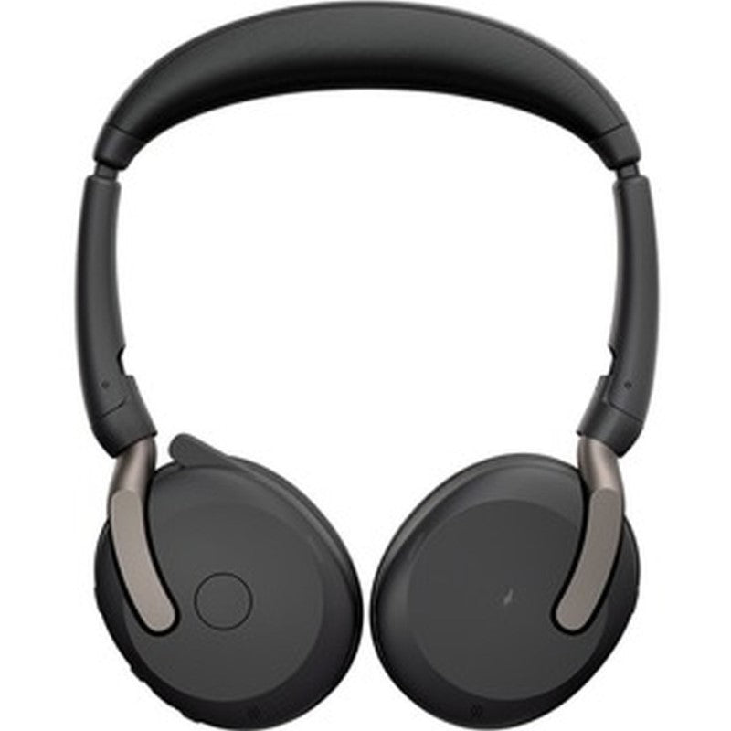 Portable Jabra Evolve2 65 Flex headset in black, featuring wireless connectivity, Active Noise Cancellation, and voice isolation technology.