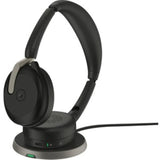 Black Jabra EVOLVE2 65 FLEX Wireless Headset with noise cancellation, dual connectivity, and foldable design for professionals.