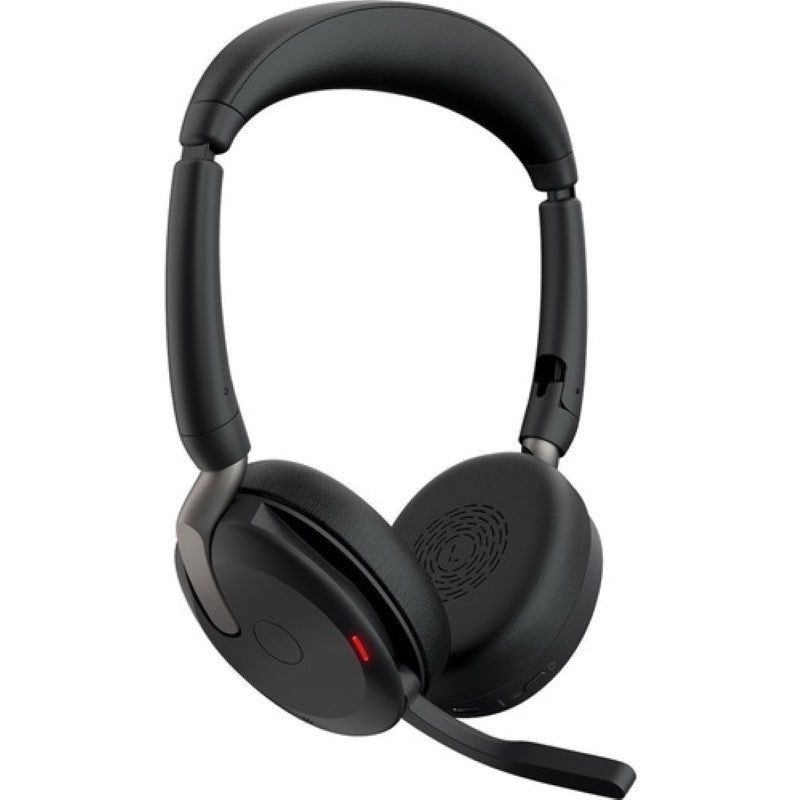 Jabra EVOLVE2 65 FLEX headset in black, featuring Hybrid ANC, dual connectivity, and foldable design for professionals.