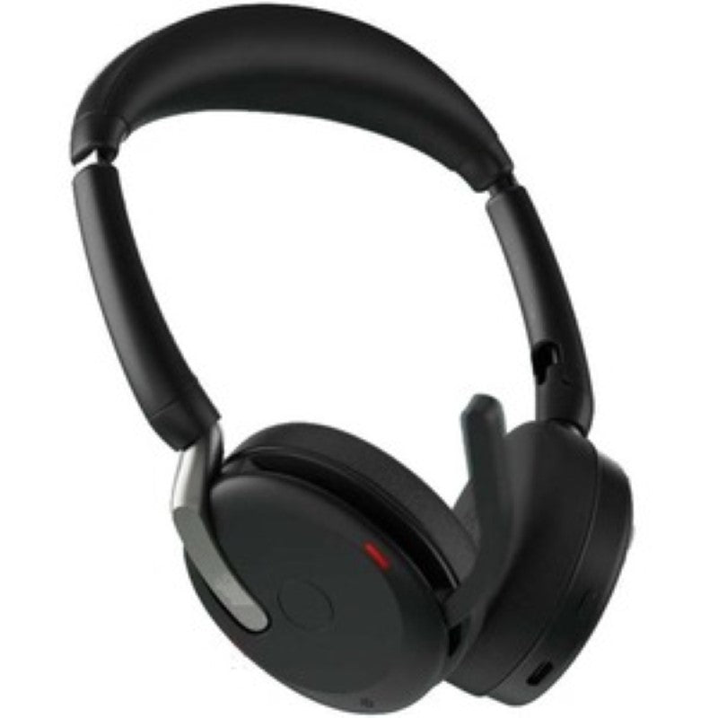 Jabra EVOLVE2 65 FLEX MS, wireless headset with ANC, ClearVoice mic, sleek black design, and foldable for portability.