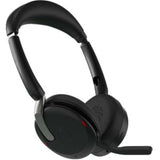 Jabra EVOLVE2 65 FLEX wireless headset in black, featuring ANC, dual connectivity, and a foldable design for comfort and portability.