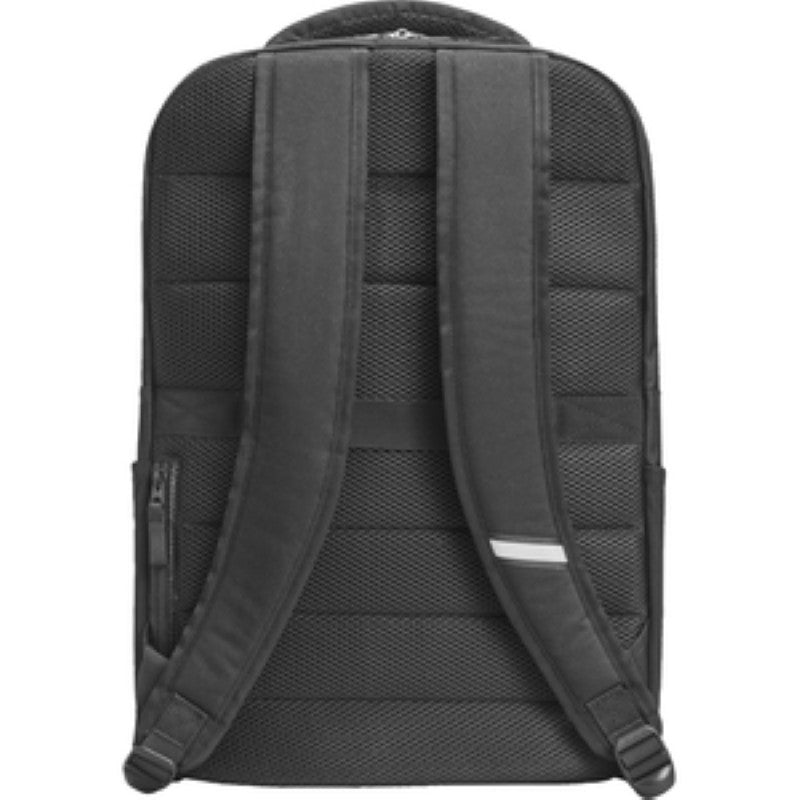 HP Renew Business 17.3 Laptop Backpack in black, eco-friendly, durable design with shoulder and trolley straps for easy transport.