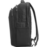 HP Renew 17.3" laptop backpack in black, featuring eco-friendly materials, adjustable straps, and organized compartments.