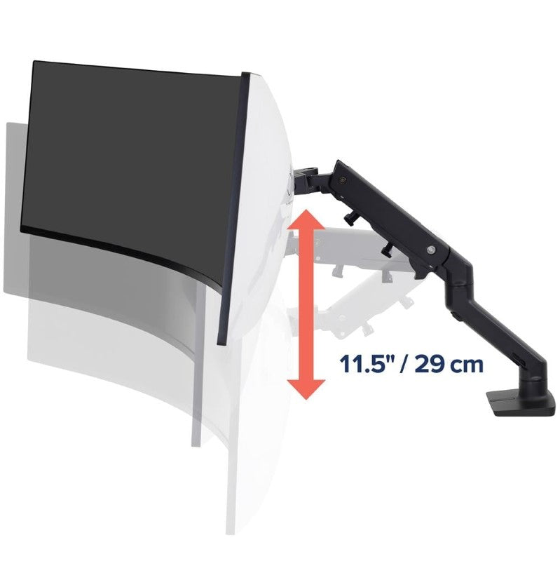 HX Desk Monitor Arm in Matte Black featuring adjustable height, 20° tilt, and 360° rotation for optimal screen positioning.