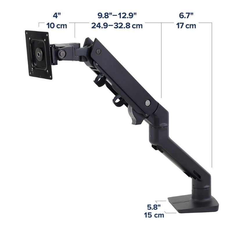 Ergotron HX Desk Monitor Arm in Matte Black, height-adjustable, for screens up to 49", offers tilt, rotation, and cable management.