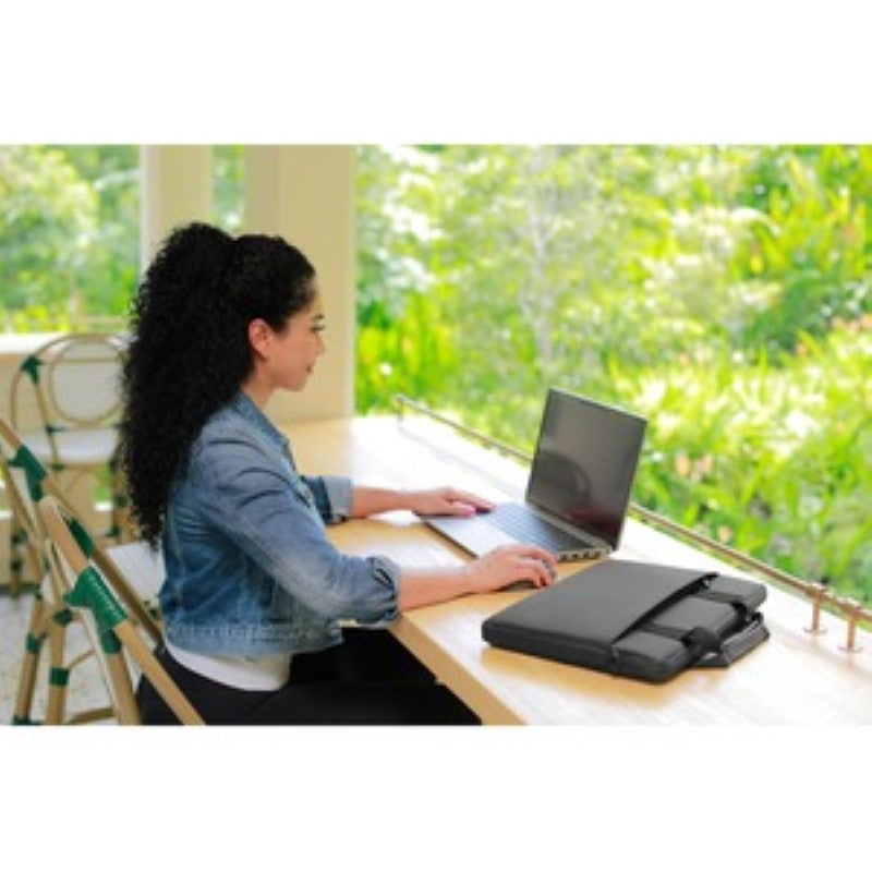 Dell EcoLoop Pro Sleeve in black, made from ocean-bound plastic, offering weather-resistant, padded protection for 15-16" laptops.