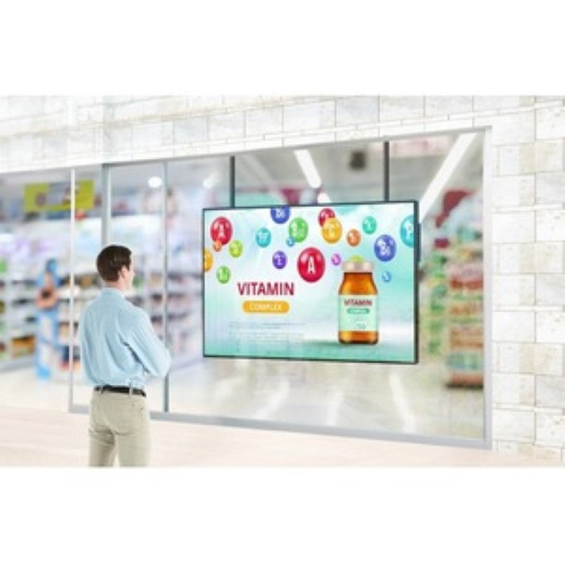 75-inch LG Window Facing Display with UHD 3840x2160 resolution and 4000 nits brightness, ideal for outdoor advertising.