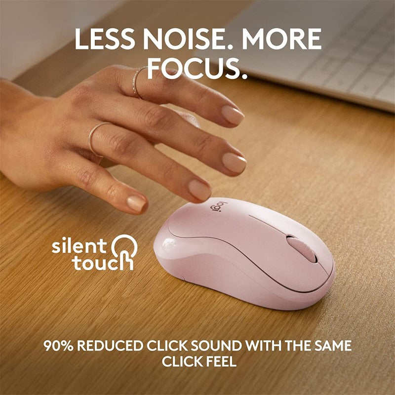 Silent Bluetooth mouse in rose color with ergonomic design, 18-month battery life, and 4000 DPI for effortless navigation.