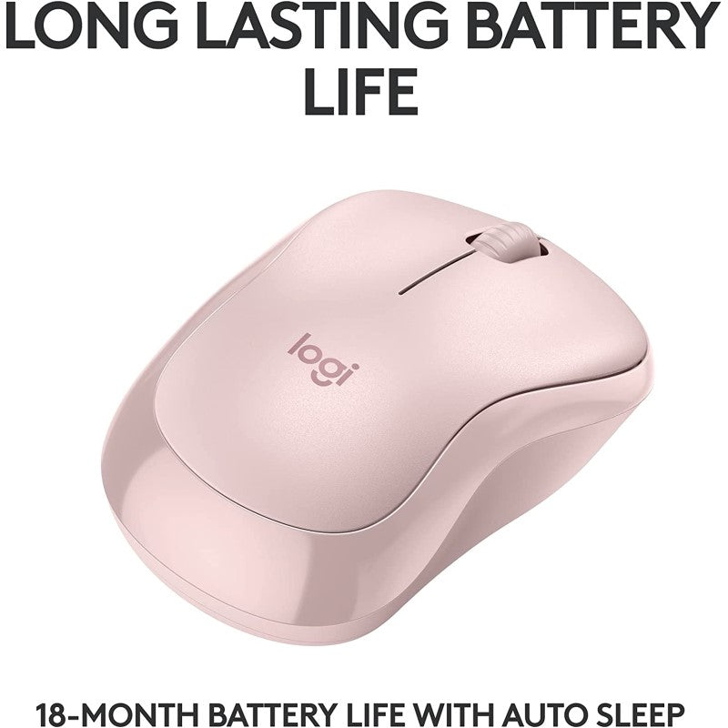 Logitech M240 Silent Bluetooth Mouse in rose, ergonomic design for silent operation, 18-month battery life, perfect for on-the-go use.