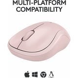 Logitech M240 Silent Bluetooth Mouse in rose, ergonomic design, silent operation, 18 months battery life, 4000 DPI, wireless.