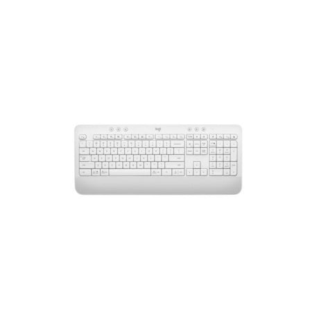 Wireless Logitech K650 keyboard in white, featuring Bluetooth connectivity, hotkeys, and a spill-resistant design for productivity.