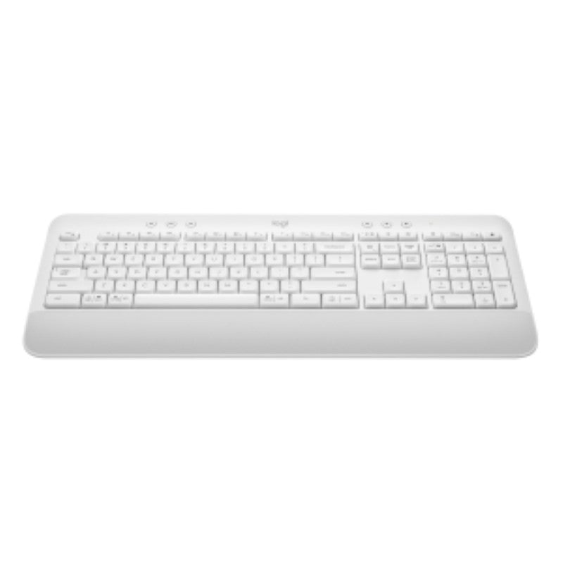 Logitech K650 Wireless Keyboard in white, featuring Bluetooth, 36-month battery life, and spill-resistant design.