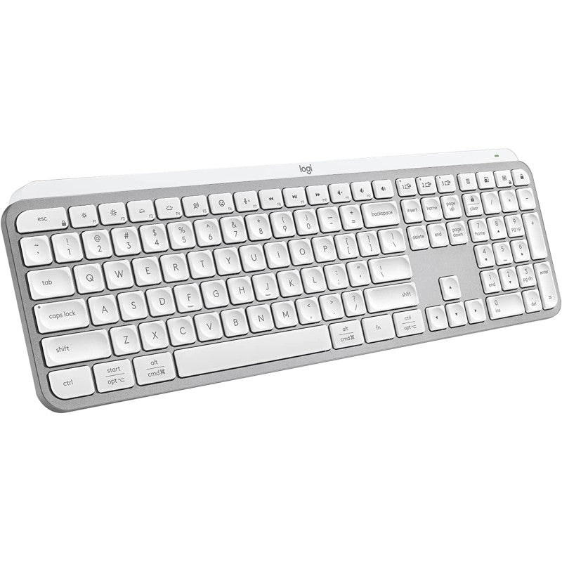 Logitech MX Keys S Advanced Master Keyboard in pale gray, featuring wireless connectivity, comfortable low-profile design, and smart illumination.