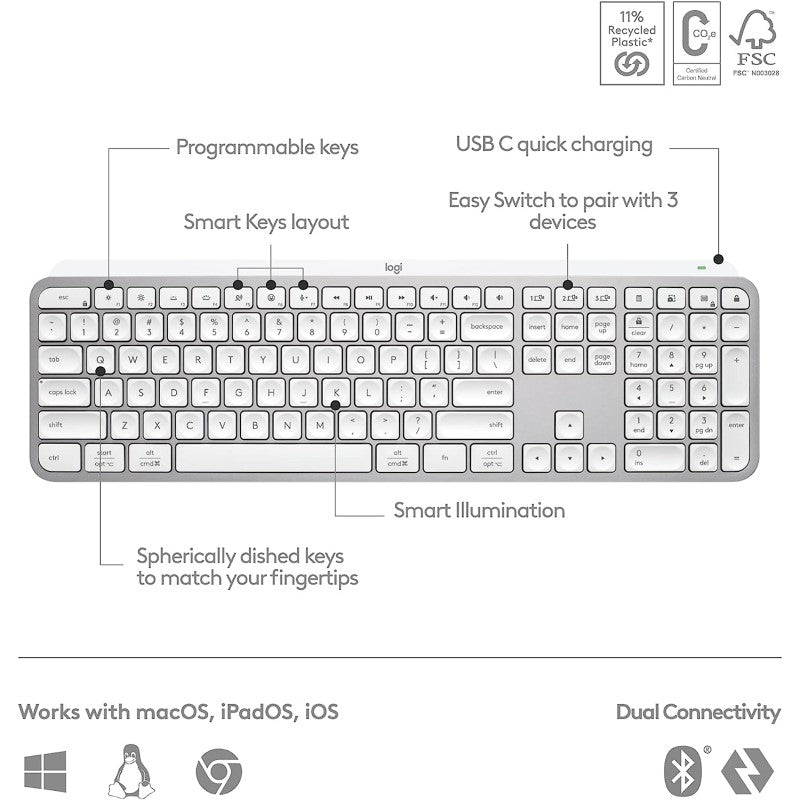 Logitech MX KEYS S Advanced keyboard in pale gray, featuring Bluetooth, low-profile design, smart illumination, and multi-device connectivity.