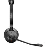 Wireless Jabra Engage 55 UC Stereo Headset in black with noise-cancelling mic, 150m range, and rich stereo sound for professionals.