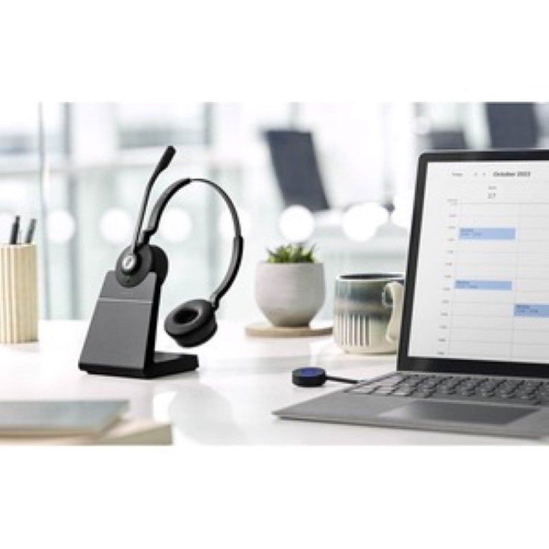 Wireless Jabra Engage 55 UC Stereo Headset with noise-cancelling mic and 150m range, designed for seamless communication.