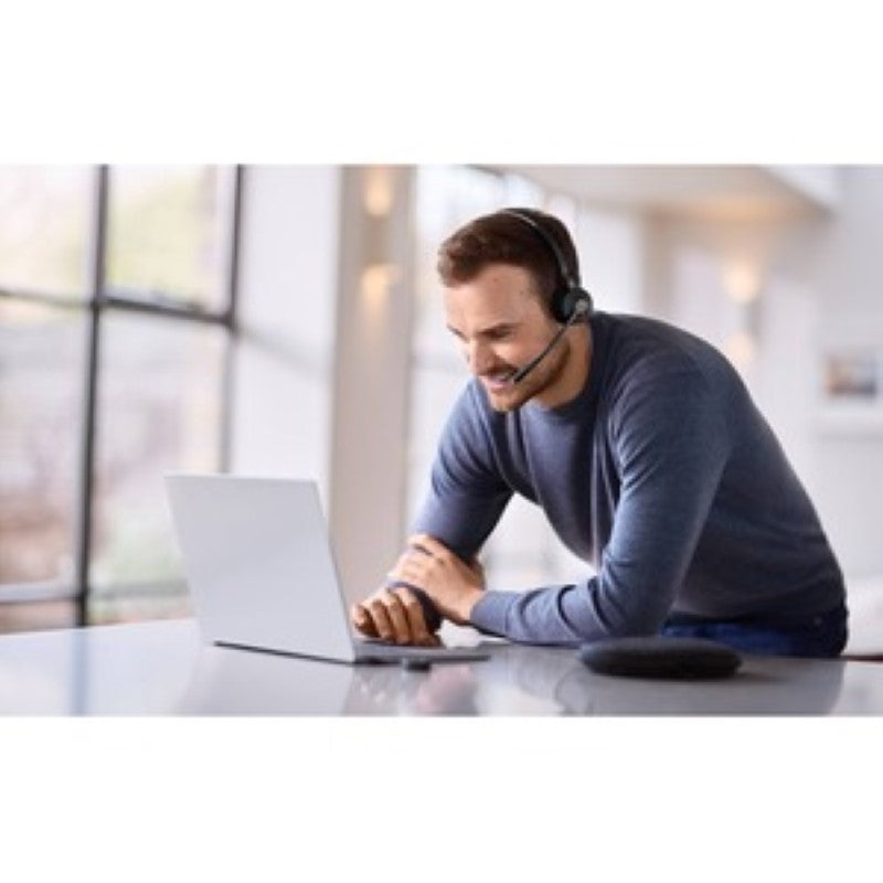 Wireless Jabra Engage 55 UC Stereo headset with noise-cancelling mic, 150m range, and USB-A connectivity for clear communication.