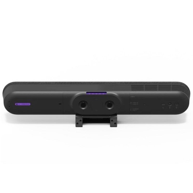 Logitech Rally Bar Huddle in Graphite, an all-in-one video conferencing solution for small meetings, featuring AI video intelligence and noise suppression.